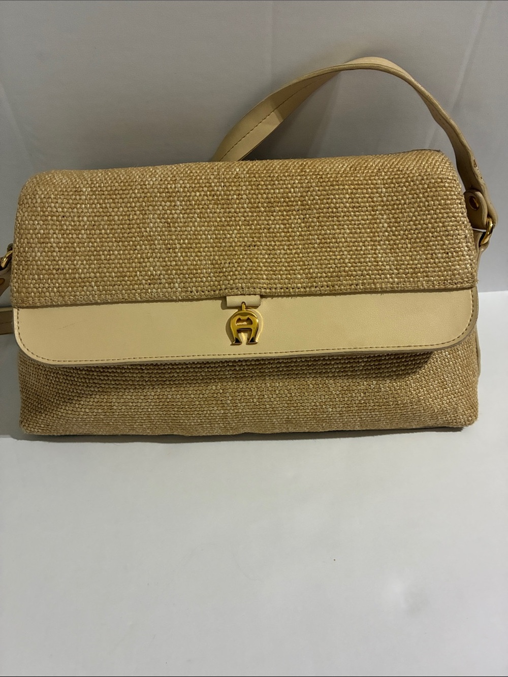 Etienne Aigner Beige Woven Shoulder Bag with Gold Logo Accent